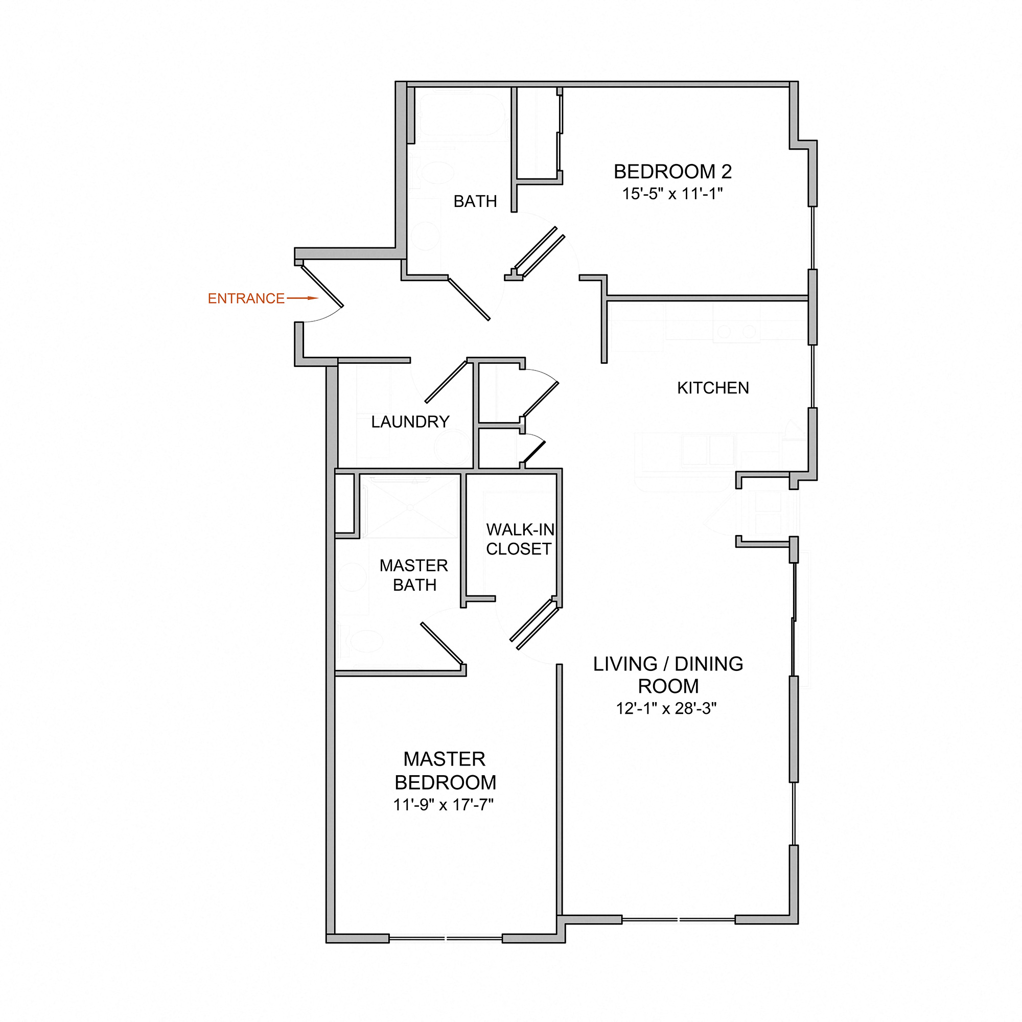 Floor plan for 2 beds, 2 baths, 1108 sqft